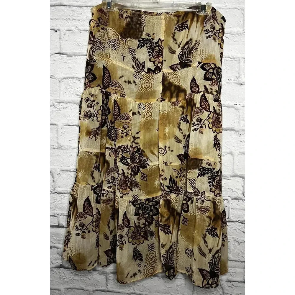 Versailles Maxi Skirt Small Boho Floral Tiered Patchwork Print Brown Cream Y2K
